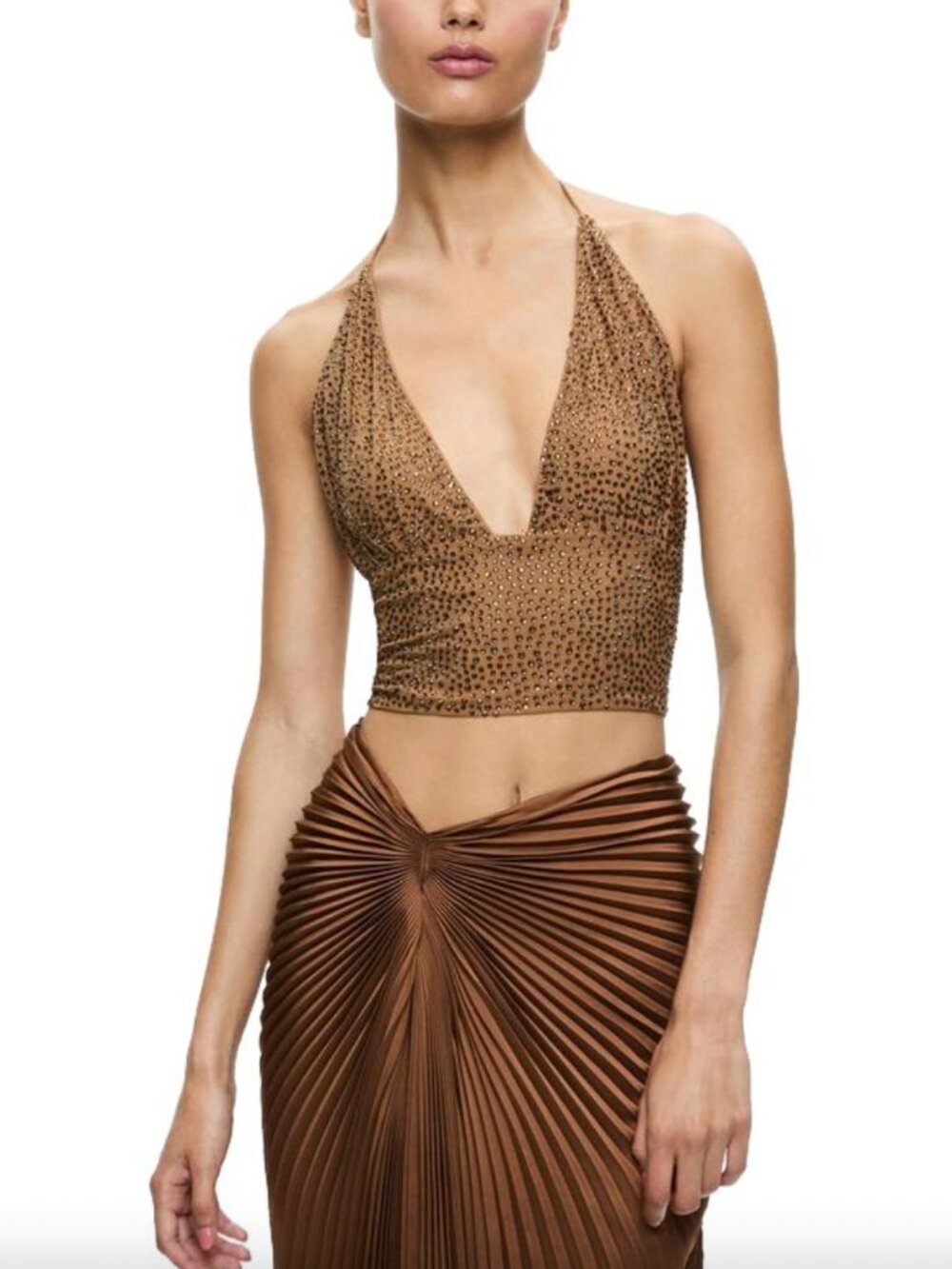 $350 NWT alice + olivia Tan Brown Crystal Cropped Halter Top size 4